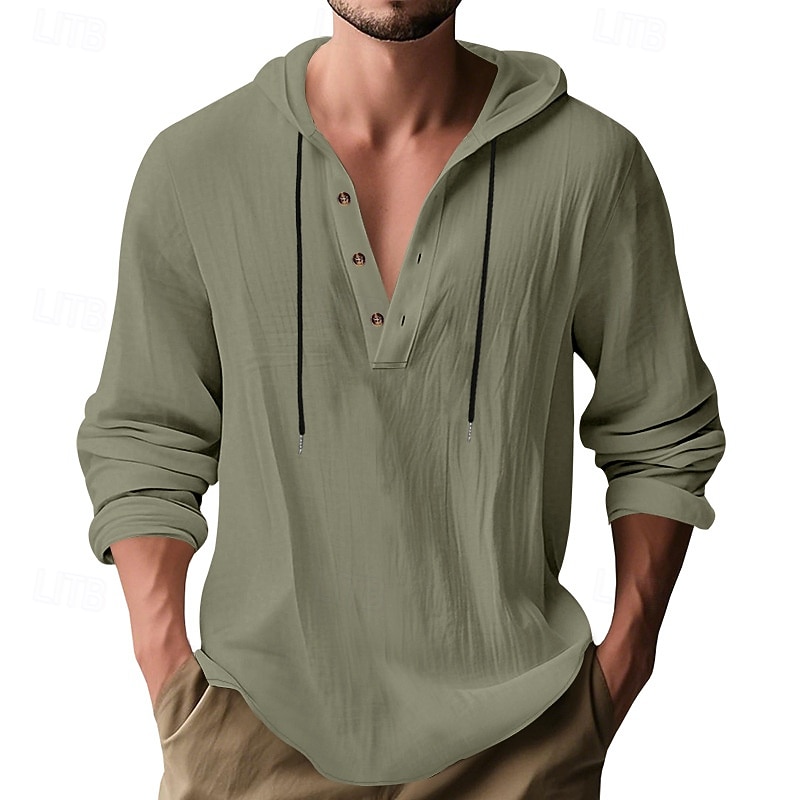 Men's Shirt Popover Shirt Summer Shirt Casual Shirt Beach Shirt Black White Yellow Navy Blue khaki Long Sleeve Solid Color Hooded Vacation Casual Drawstring Clothing Apparel Fashion Casual Comfortable 2026 - $28.99 –P15