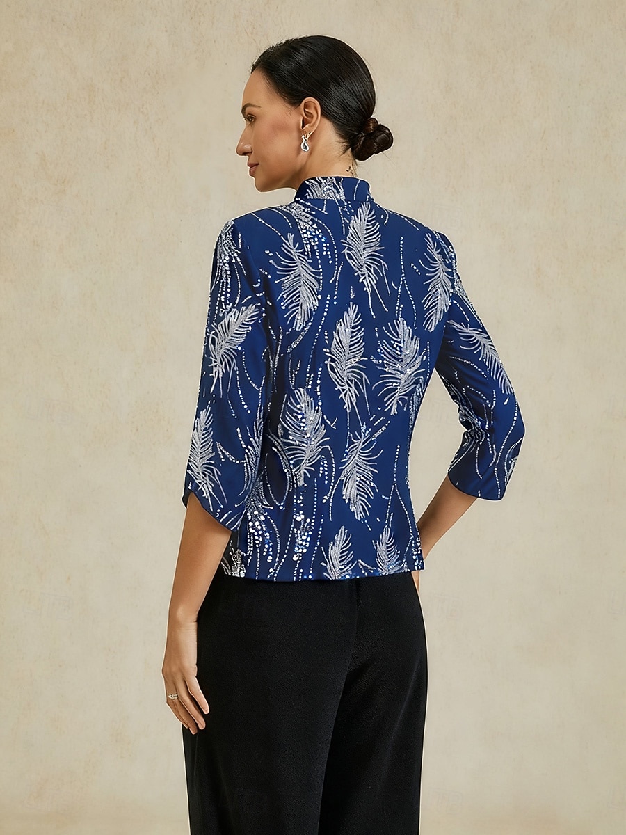 Mujer Blusa Tops elegantes Tops de noche Lentejuelas Pluma Elegante Manga 3/4 Collar mandarín Tops regulares Fiesta de Noche Ropa formal Traje de cóctel Azul Real Primavera Otoño Invierno 2026 - $109.99 –P2