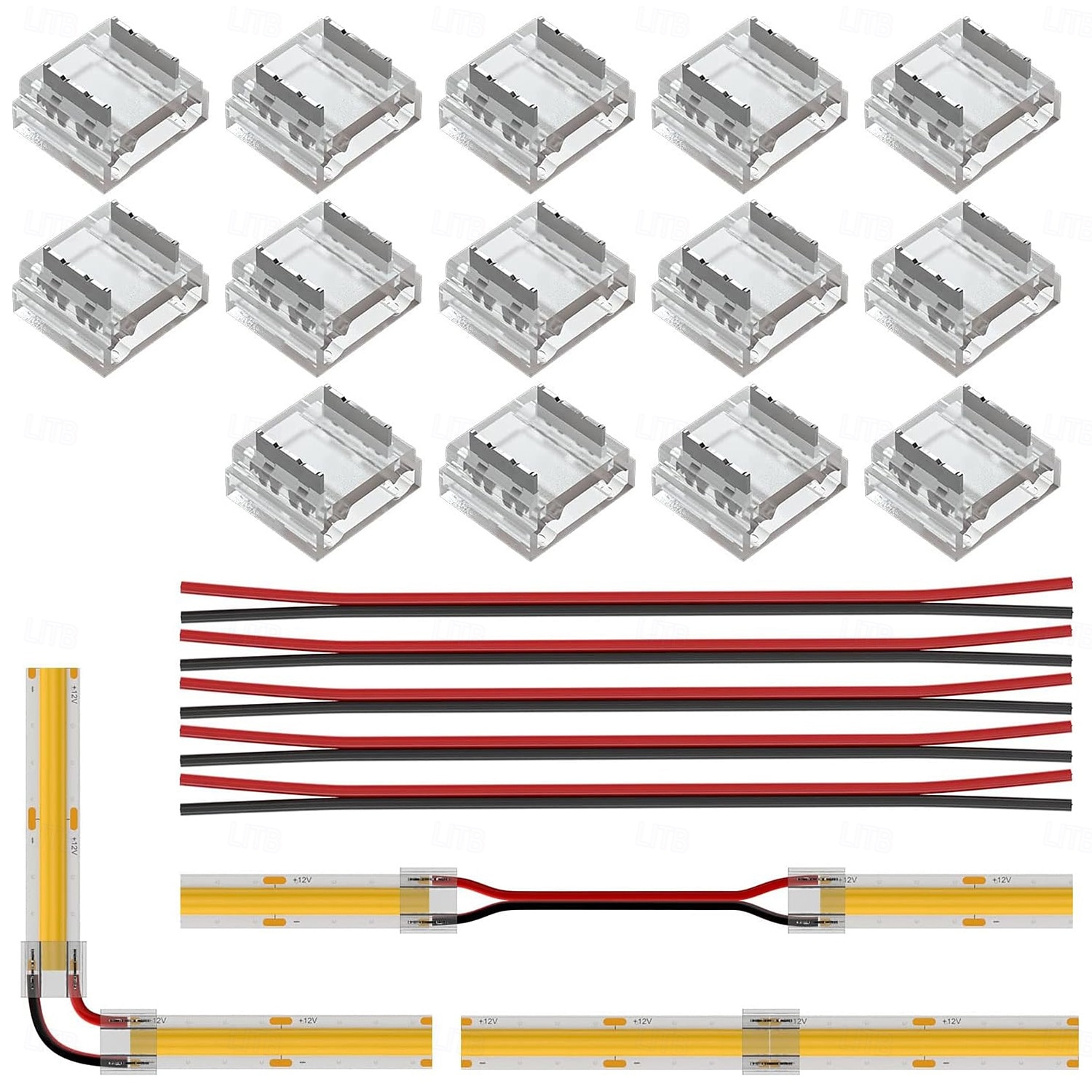 Kit de conectores SMD FCOB/COB de 8 mm y 10 mm (0,31 pulgadas) para bricolaje: 14 conectores transparentes y 5 cables de extensión de 15 cm de longitud y calibre 20 AWG para conexiones de esquina en 2026 - $30.99 –P1