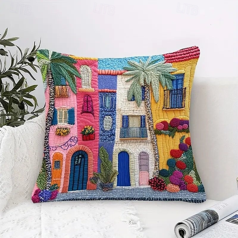 Mediterranean Style Pillow Cover with 2D Flat Print Single-Sided Colorful Town Scene Plants and Flowers Decorative Cushion Case for Sofa Living Room Home 2026 - $9.99 –P4