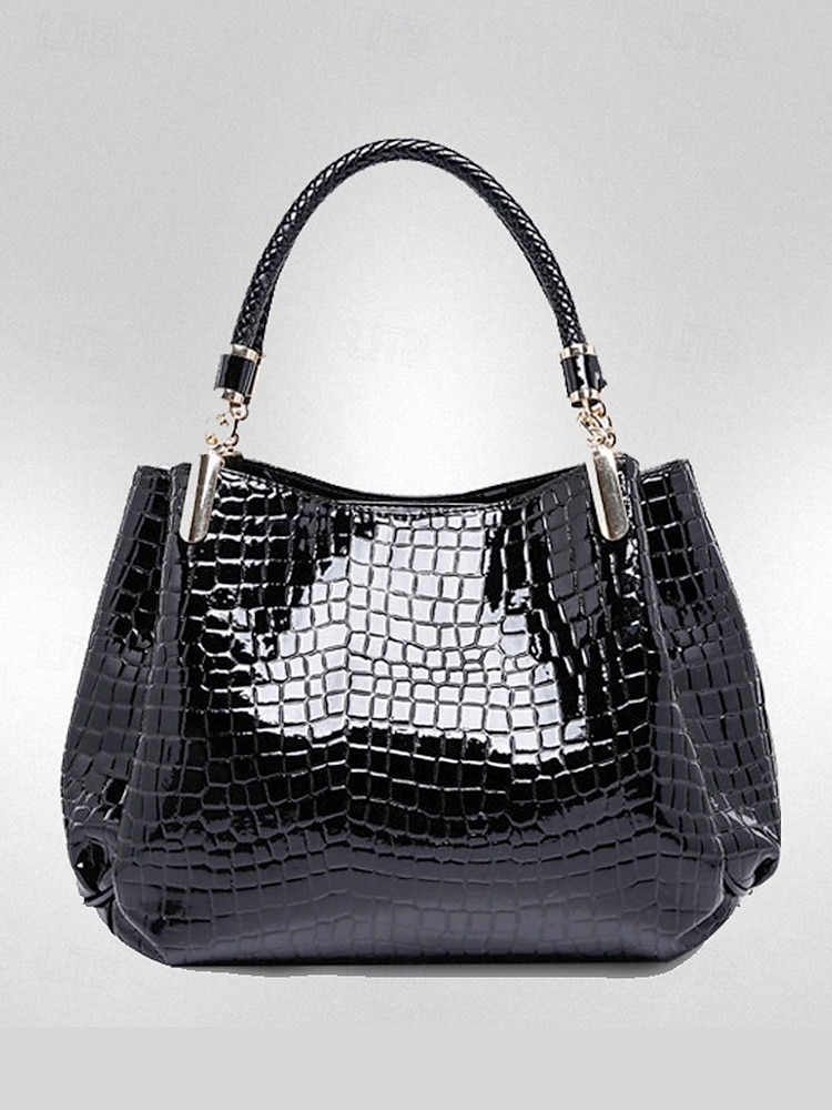 Damhandväska i konstläder med krokodilprägling, julklar, finns i rött, blått och svart – snygg vinteraxelväska med justerbar rem och gulddetaljer 2026 - $26.99 –P3