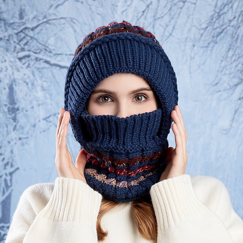 3-i-1-mössa vinterstickad mössa halsduk och ansiktsmask set för kvinnor fleecefodrad varm hörselskydd mössa kallt väder cykling utomhus mysig stickad mössa för flickor 2026 - $23.99 –P7