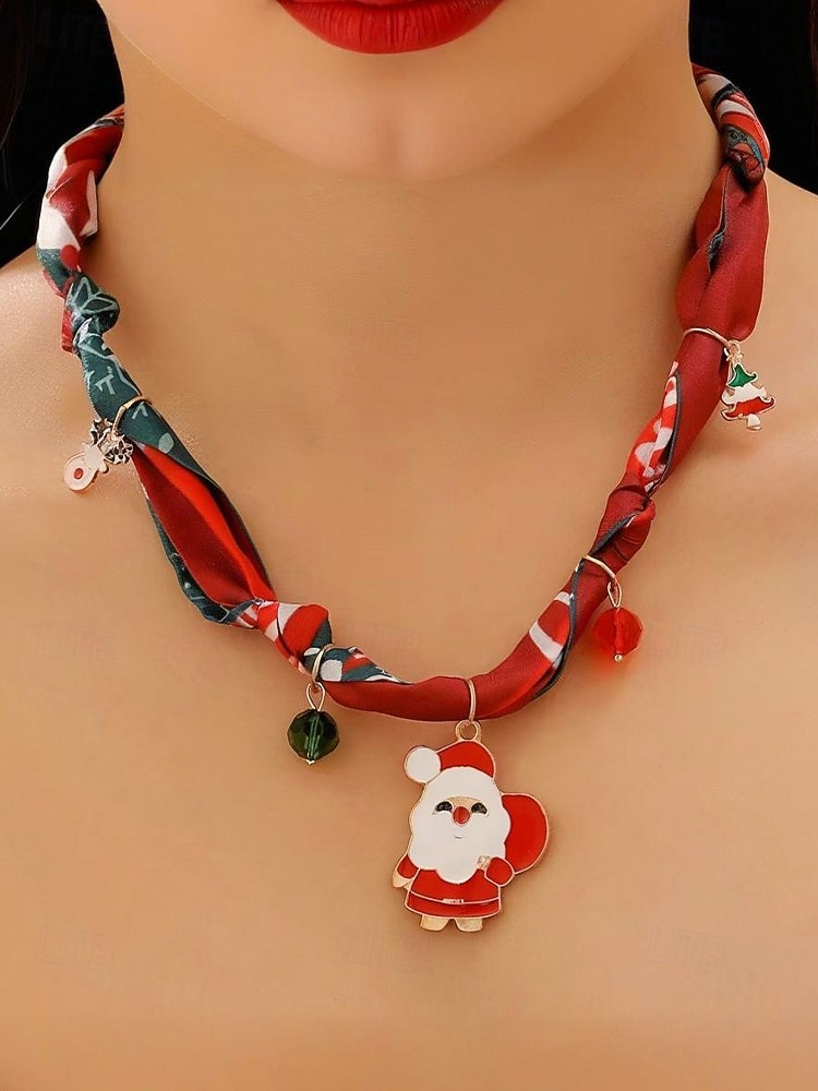 Naszyjnik świąteczny dla kobiet, wykonany ze stopu metali, tkaniny i akrylu, z motywem renifera, Świętego Mikołaja i choinki, idealny na przyjęcia świąteczne 2026 - $11.99 –P7