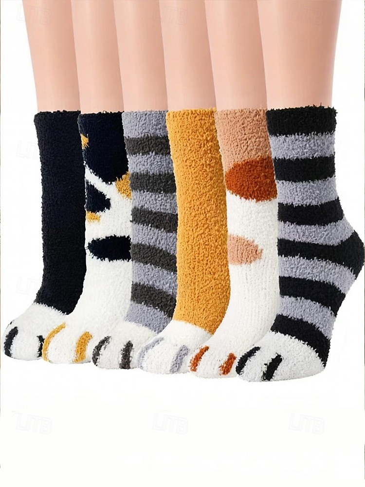 2026年 レディースコットンブレンドソックス、猫の足跡プリントデザインの6足セット、複数の色、柔らかくて快適な毎日の着用に最適  コレクション – $11.99 –P9