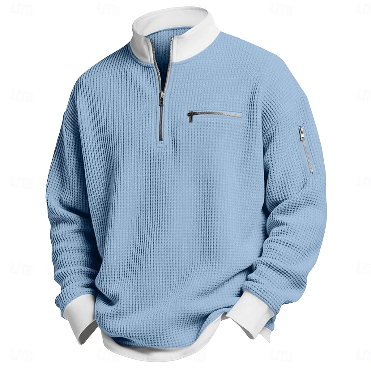 Herre Vaffel T-skjorte T skjorte Langermet Halv glidelås Vår Høst vinter Helfarge Tradisjonell / vintage Fritid Fargeblokk Lomme med glidelås utendørs Hjem Sport & Utendørs Lyseblå Rød Lilla Topp 2026 - $26.99 –P2