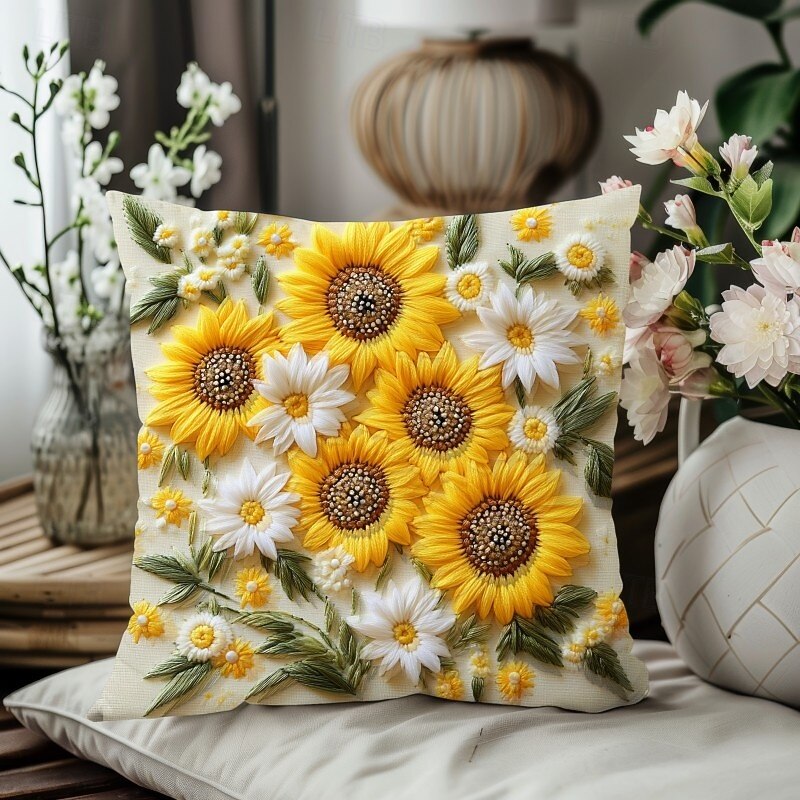 Dekorativt örngott i vintagestil med solrosmotiv, 2D-tryck, mjukt polyestertyg med kuddfodral och fuskbroderi, perfekt för vår- och sommarsoffdekorationer i vardagsrummet 2026 - $9.99 –P6