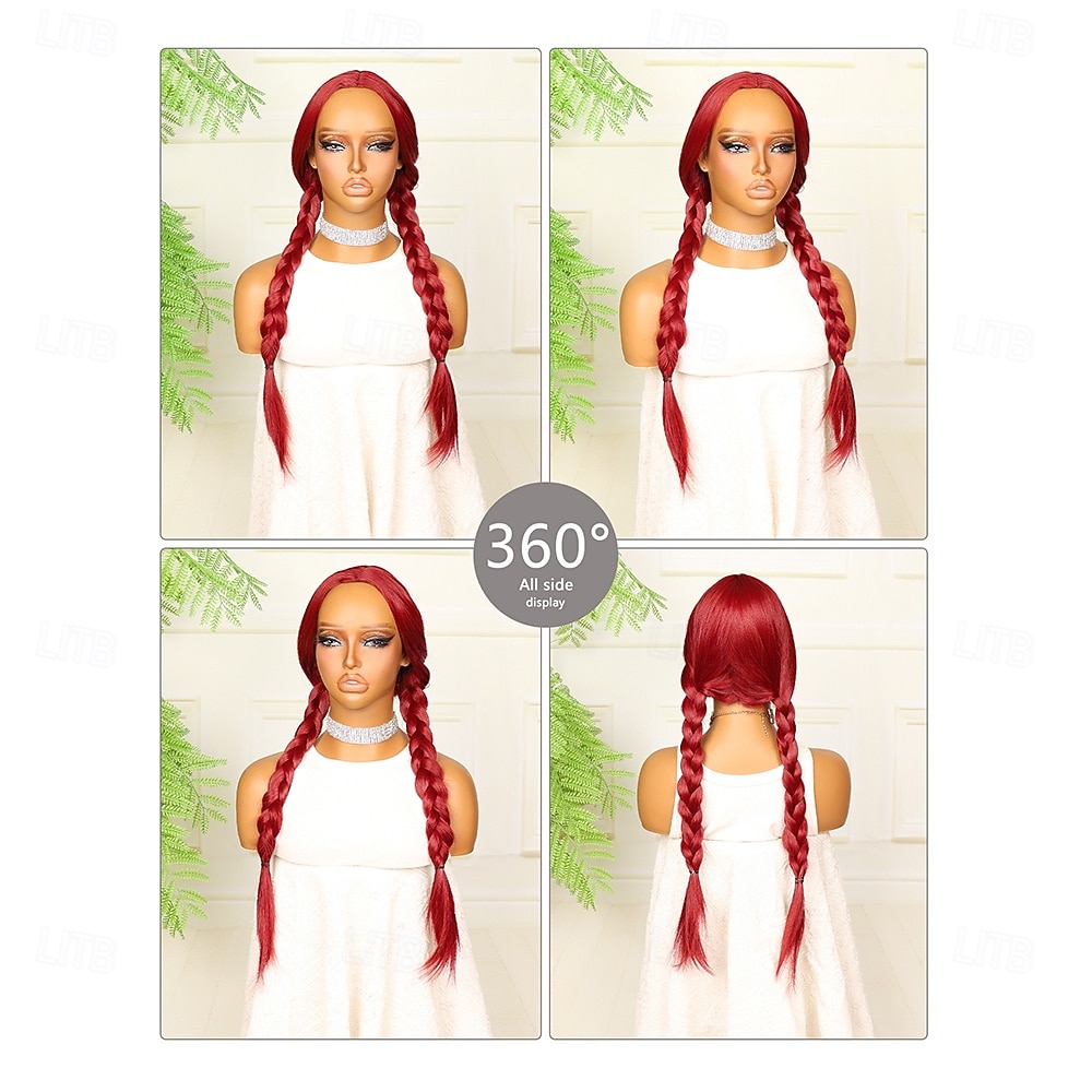 Synthetic Wig Crochet Plaited Middle Part Braid Wig 24 inch Wine Red Synthetic Hair 24 inch Women's Soft Comfy Burgundy 2026 - $43.99 –P4