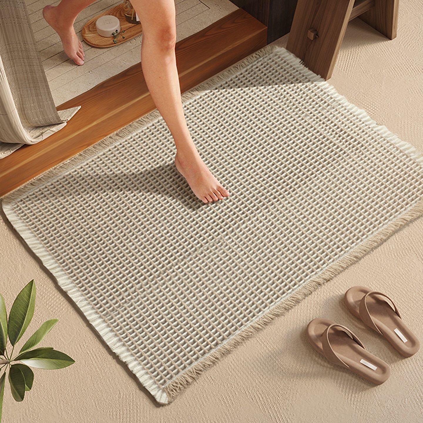 Vaflová koupelnová předložka, boho koupelnové koberečky, protiskluzové, pratelné, super savé a rychleschnoucí, malé koupelnové předložky, farmářská koupelnová dekorace, 18'' x 30'', khaki a bílá 2026 - $10.49 –P14