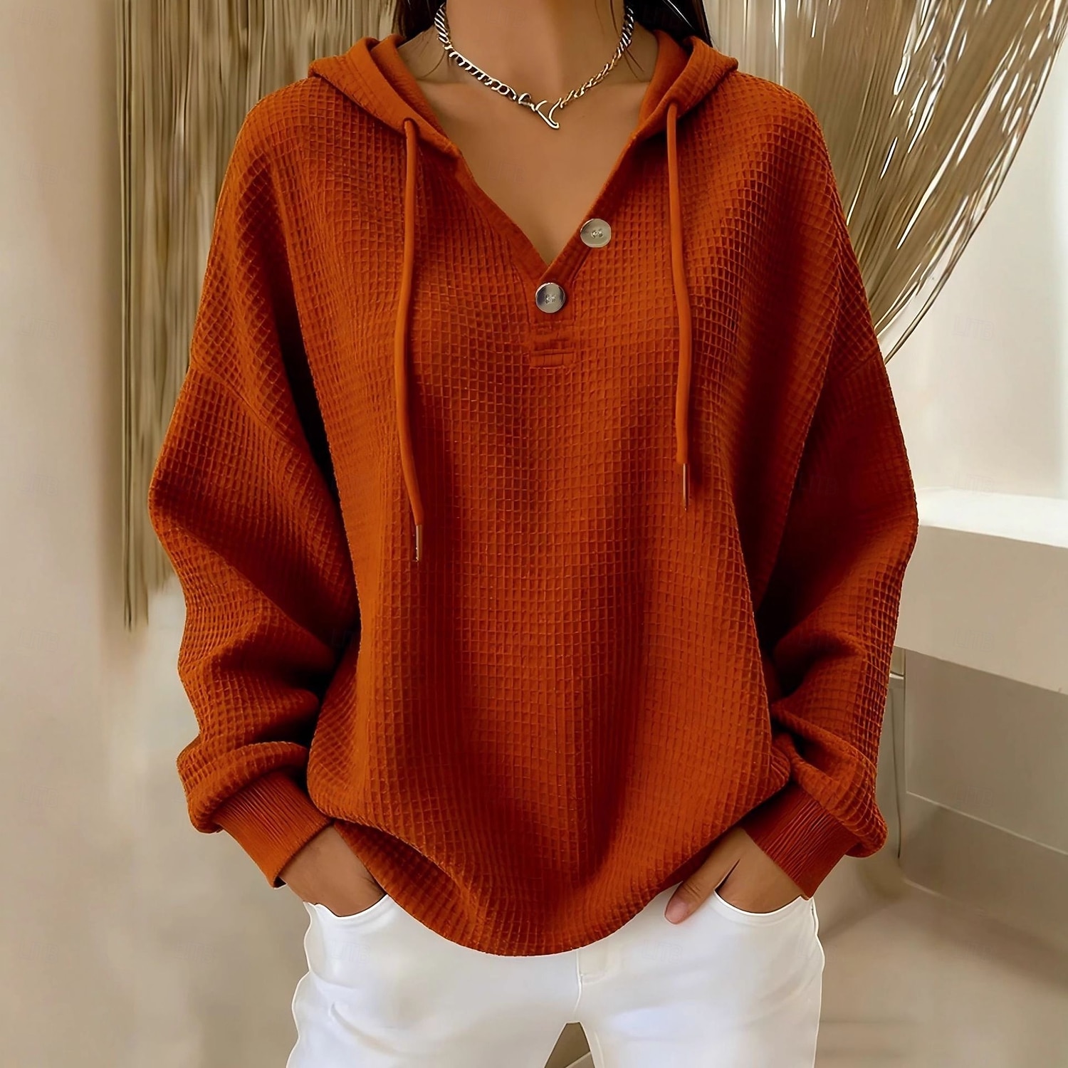 Women's Pullover Hoodie Sweatshirt Buttons Vintage Fashion Casual Long Sleeve Hooded Regular Tops Casual Home Dailywear Light Blue White Navy Blue Orange Beige Fall Winter 2026 - $29.99 –P4