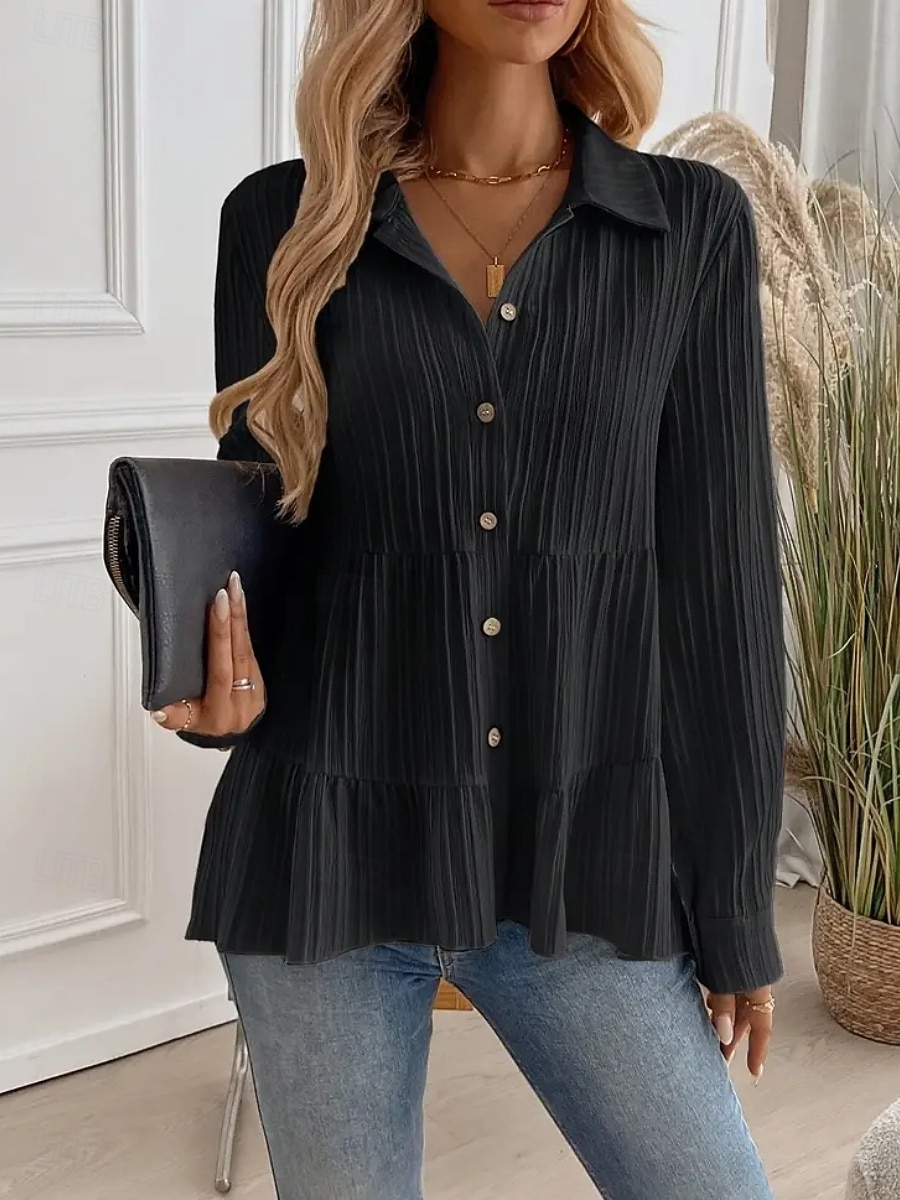 Damen Bluse Gerafft Knöpfe Einfarbig Stilvoll Lässig Langarm Hemdkragen Normale Oberteile Täglich Salbeigrün Schwarz Rote Marineblau Aprikose Frühling Herbst Winter 2026 - $26.99 –P18