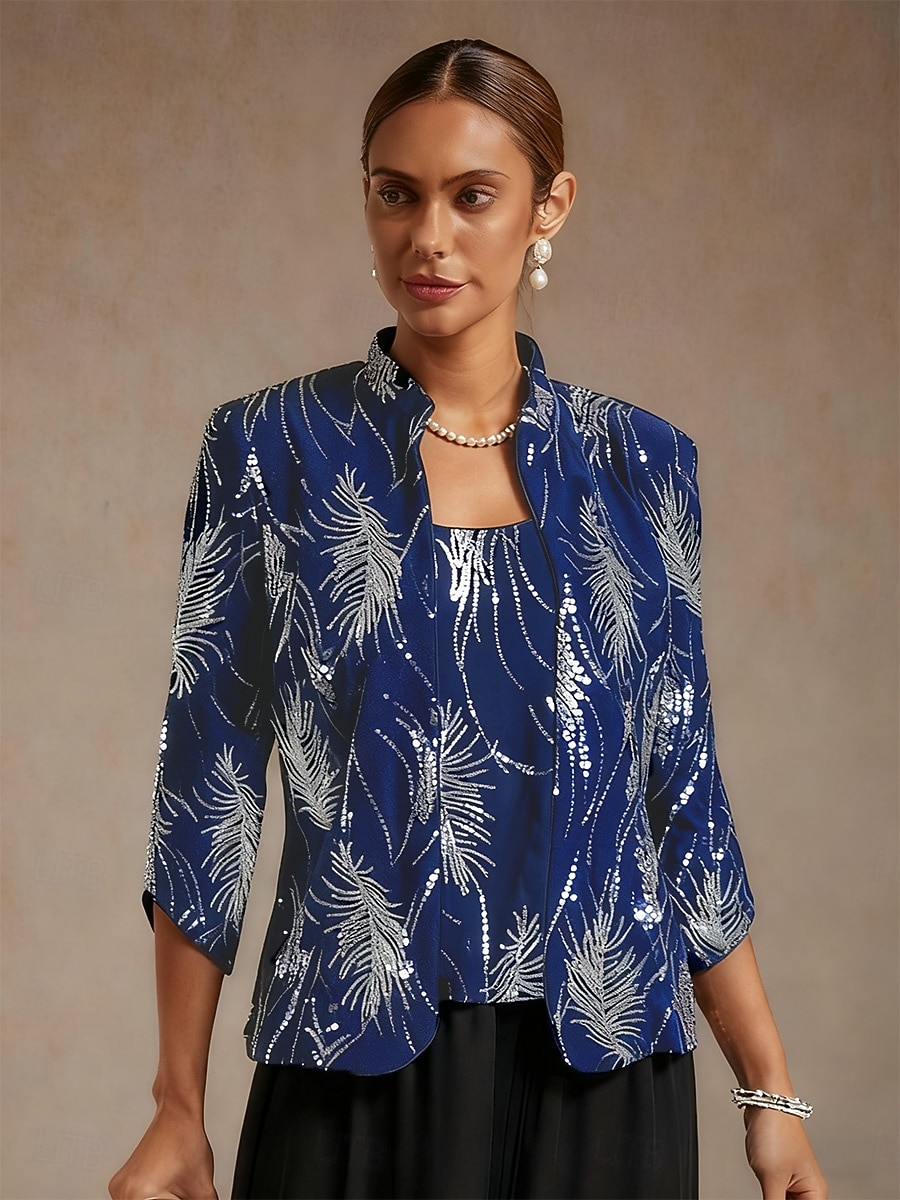 Mujer Blusa Tops elegantes Tops de noche Lentejuelas Pluma Elegante Manga 3/4 Collar mandarín Tops regulares Fiesta de Noche Ropa formal Traje de cóctel Azul Real Primavera Otoño Invierno 2026 - $109.99 –P1