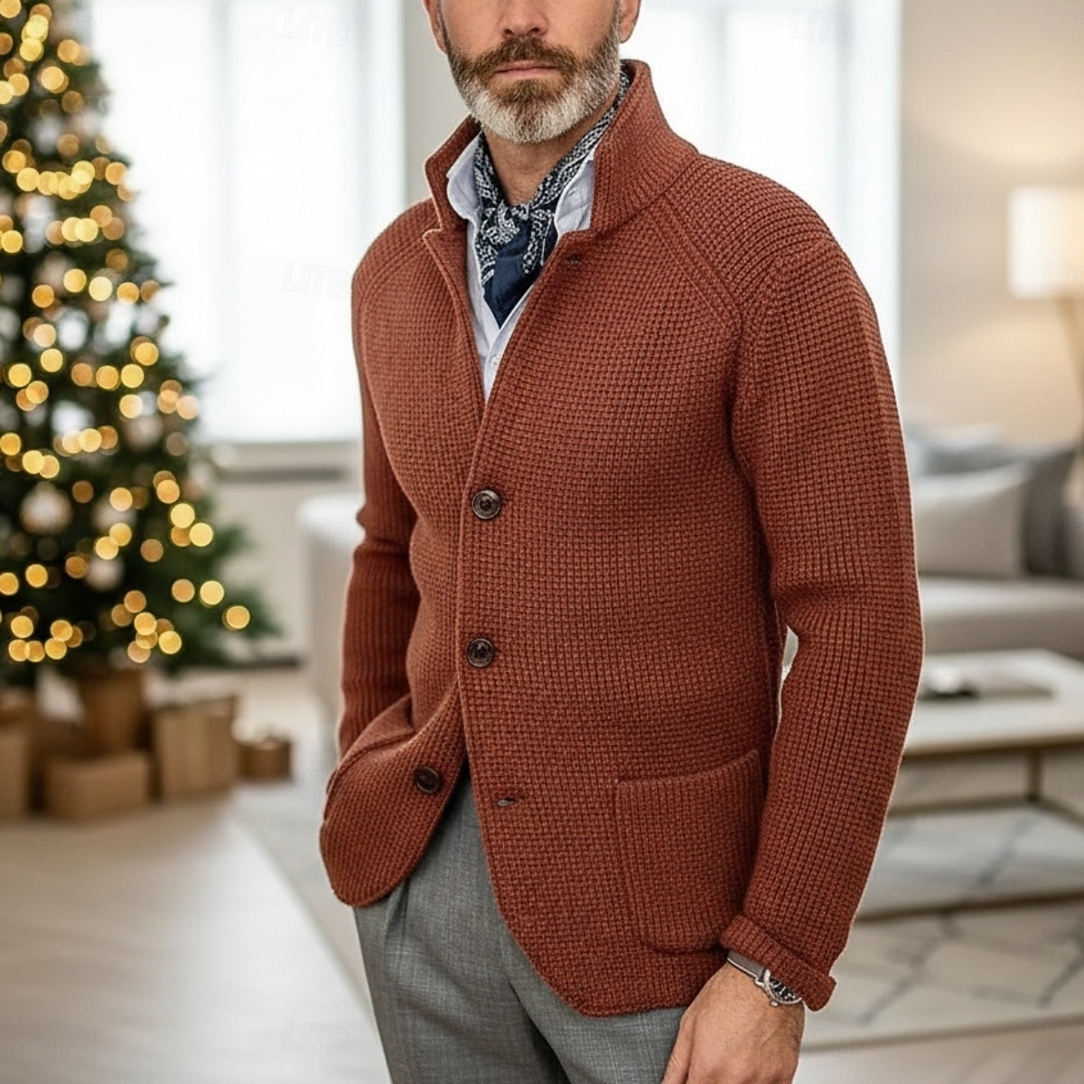Herr Tröja Klänning tröja Cardigan Tröja Våffelstruktur Sticka Vanliga toppar Stickat Button-Down Hög krage Klassisk Ledigt Kläder Raglanärm Höst vinter Vår Blå Röd Brun XS S M 2026 - $39.99 –P11