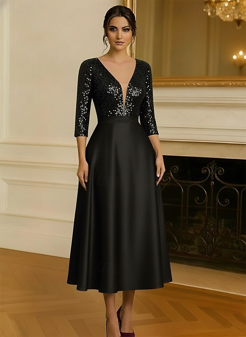 A-Line Tea Length Cocktail Dresses Party Dresses Flared Dress Elegant 3/4 Length Sleeve V Neck Garden Party Wedding Satin with Sequin 2026 - $172.99 –P5