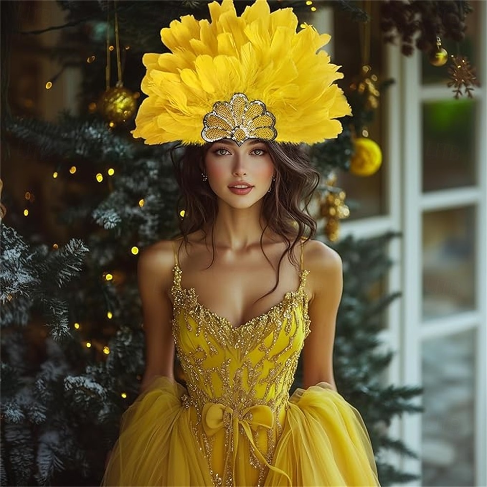 Karneval 2026 Rio Karneval Samba Accessoires Karneval Federkopfschmuck für Damen - Gelbes Pailletten Kostümkopfteil - Mardi Gras Festival Schau-Mädchen Haar Zubehör Brasilien Festival 2026 - $12.99 –P4