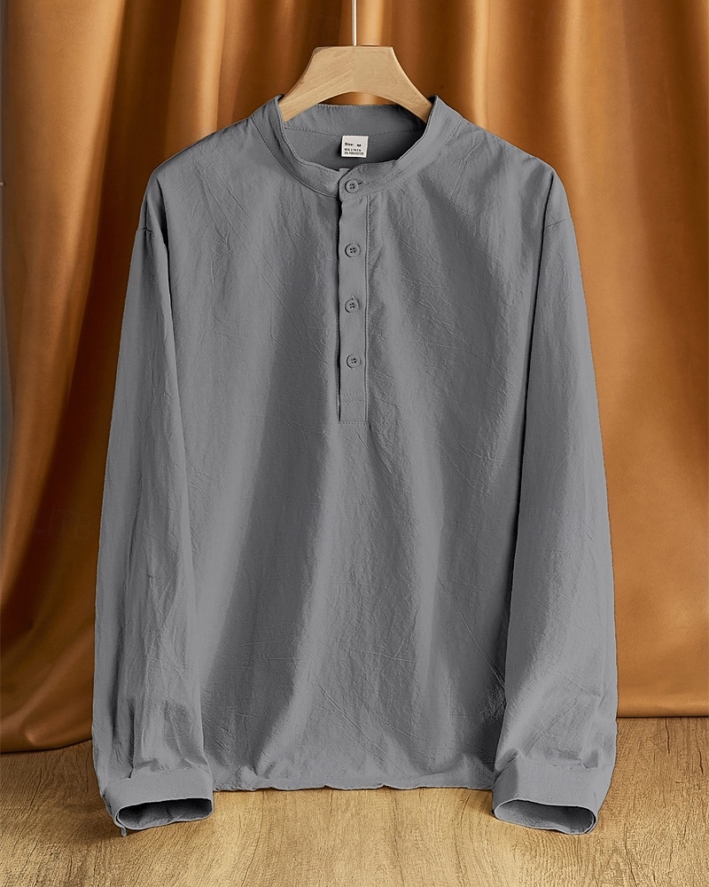 Per uomo Camicia Camicia di lino Camicia popover Camicia casual Camicia di cotone Semplice Vacanza Camicia hawaiana Nero Bianco Cachi Verde militare Manica Lunga Colletto alla coreana Primavera del 2025 a $24.99 –P12