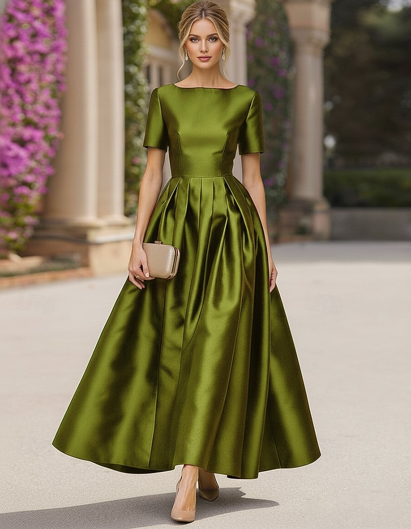 A-Line Tea Length Cocktail Dresses Elegant Short Sleeve Boat Neck Garden Party Wedding Taffeta Stretch Satin with Pleats 2026 - $149.99 –P1