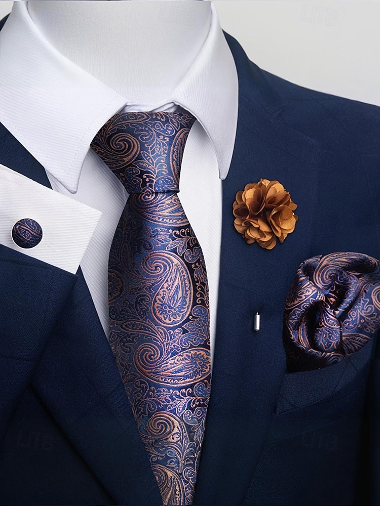 Мужской рождественский комплект галстуков, многоцветный, стильный цветочный узор, с запонками и нагрудным платком для официальных мероприятий 2026 - $14.99 –P5