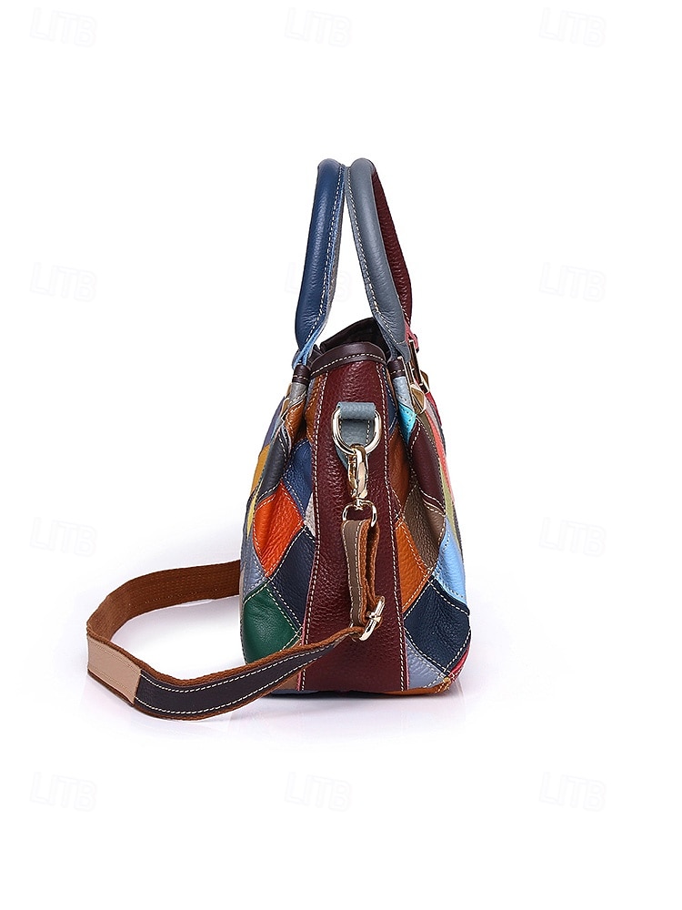 borsa da donna in pelle, design patchwork multicolore, materiale in vera pelle, versatile con manici superiori e tracolla regolabile, elegante e funzionale per l'uso quotidiano e le occasioni speciali del 2026 a $59.99 –P5