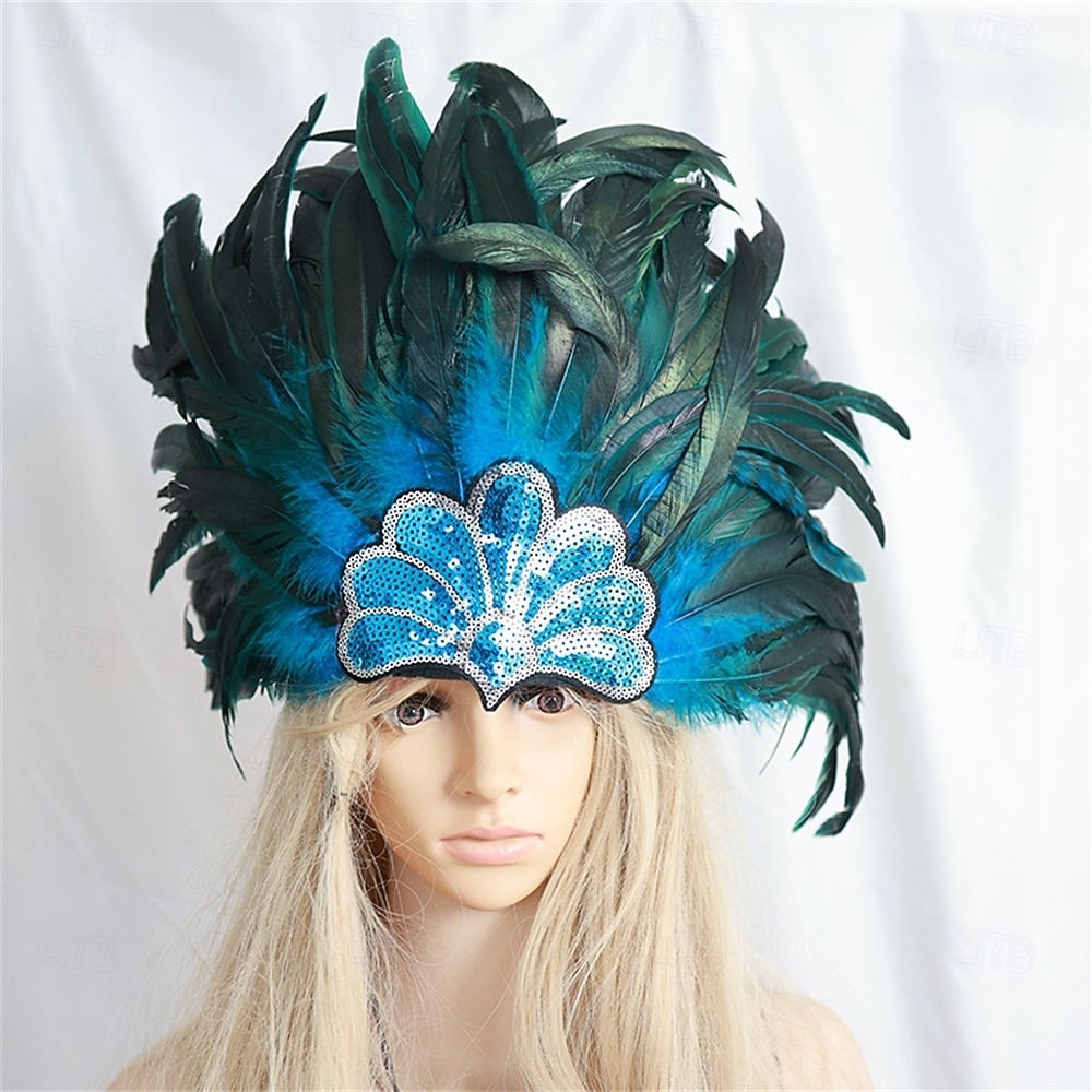 Carnaval 2026 Accesorios de Samba del Carnaval de Río Adorno de Plumas para Mujeres - Accesorio de Cabeza de Lentejuelas Azul y Verde Pavo Real - Disfraz de Festival de Brasil 2026 - $16.49 –P10