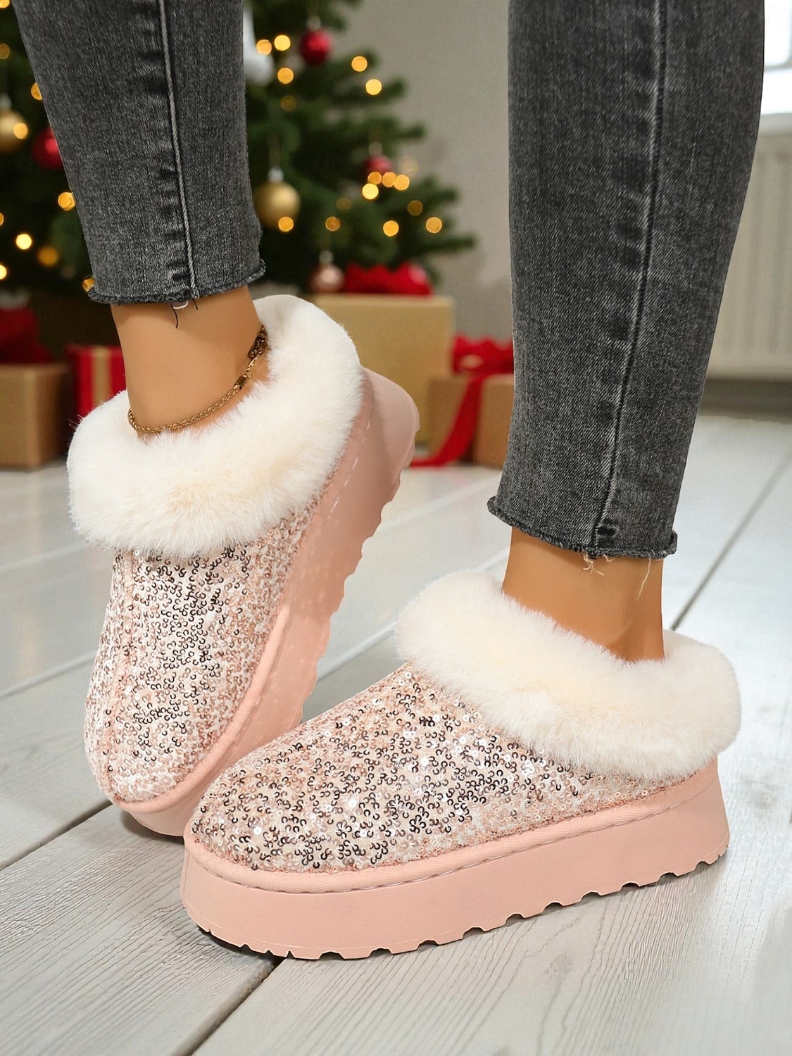 stivali da neve da donna con paillettes rosa e colletto in pelliccia sintetica: stivaletti invernali scintillanti alla moda per un comfort casual del 2026 a $29.99 –P2