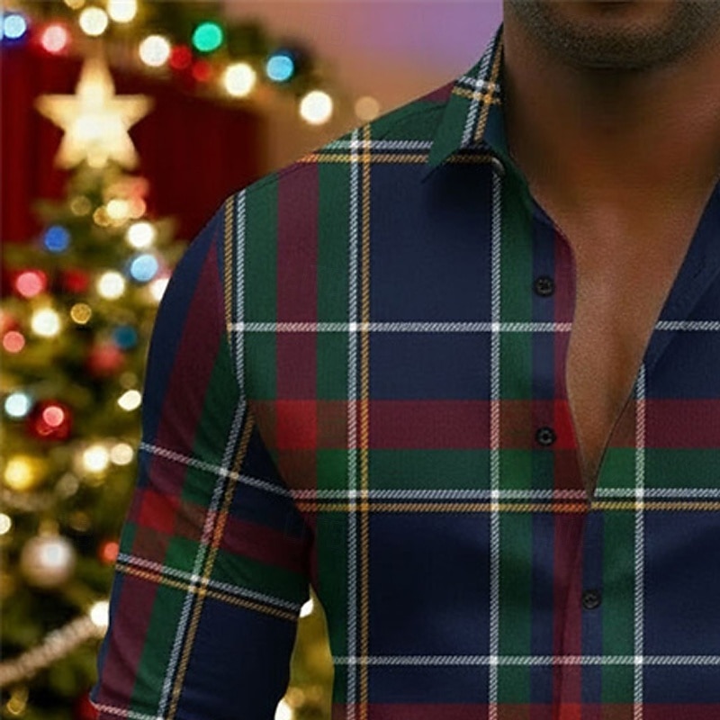 Christmas Men's Plaid Shirt Button Up Shirt Casual Dress Shirt Long Sleeve Casual Comfortable Resort Vacation Formal Dailywear Spring Fall Turndown Button Up Blue Red 2026 - $27.99 –P3