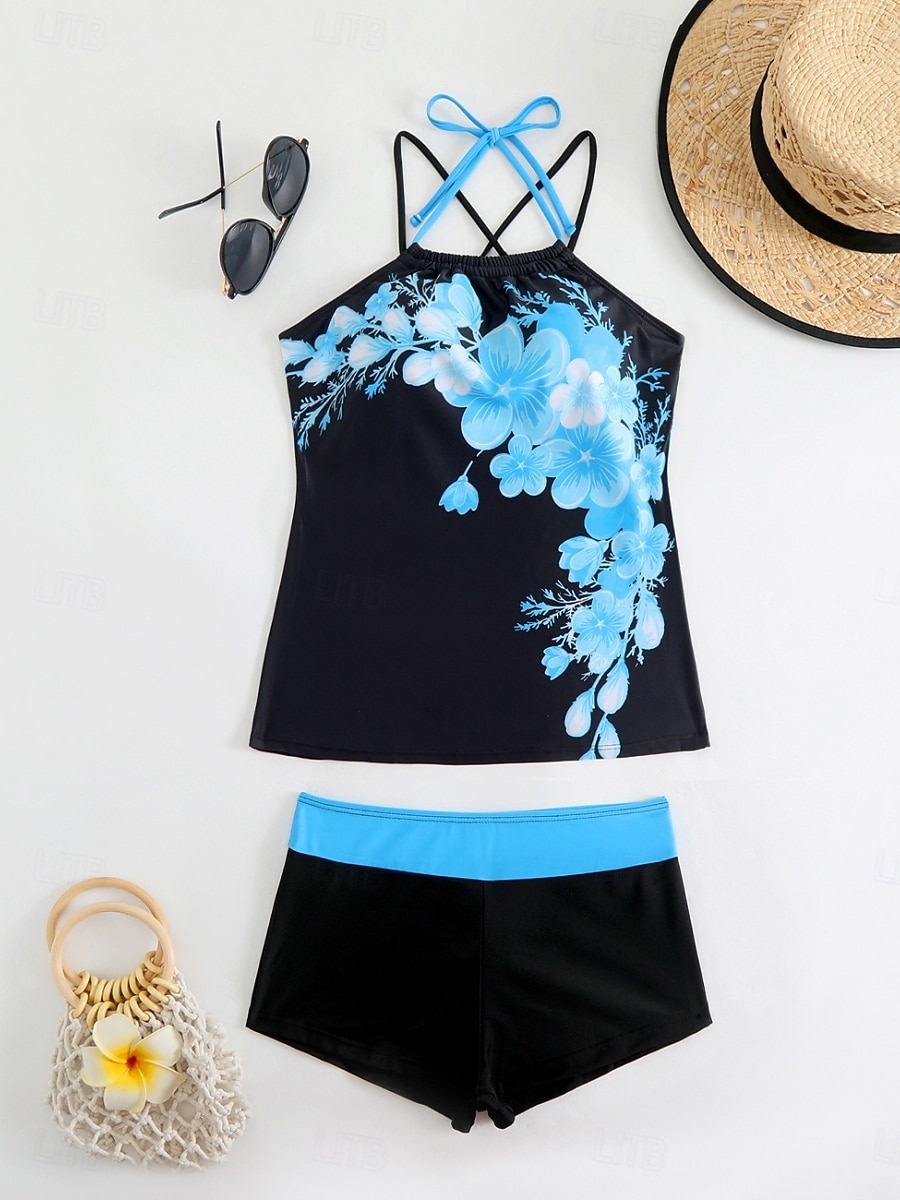 Costume da bagno tankini da donna a 2 pezzi con pantaloni corti controllo della pancia alto in vita schiena scoperta per vacanze al mare colletto a halter e senza maniche del 2026 a $32.99 –P6