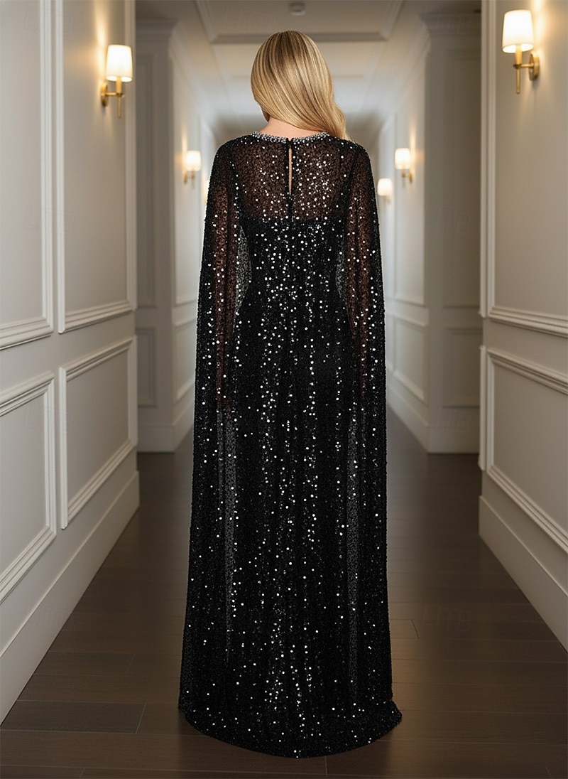Sirène / Trompette Fourreau / Colonne Longueur au sol Robe de bal avec cape Robe de Soirée Tenue de soirée Élégant Scintillant Éclat Sans manches Col Rond Formel Mariage Satin Pailleté avec de 2025 ? $169.99 –P2