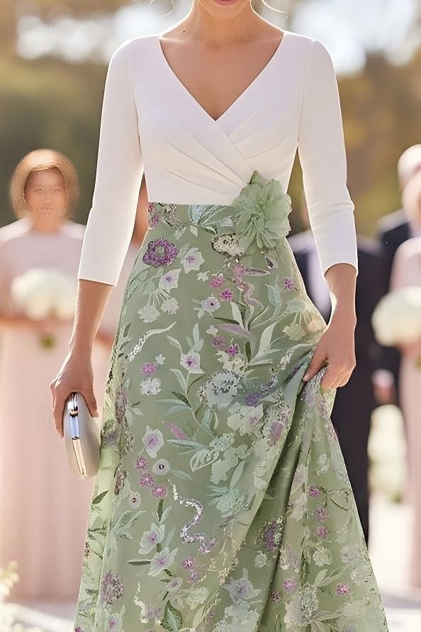Krój A Sukienki Lekko nad kolana Haft koralikowy Sukienka na imprezę Sukienka koktajlowa Sukienka dla matki panny młodej Rękaw 3/4 W serek Elegancja Zabytkowe Gość weselny Spotkanie towarzyskie 2026 - $206.99 –P3