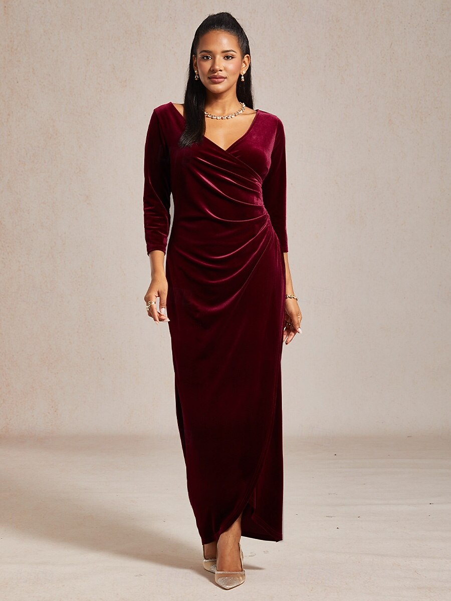 Women's Maxi Dress Wrap Dress Velvet Dress Elegant Wedding Guest Evening Party Cocktail Party Solid Color 3/4 Length Sleeve V Neck Eggplant Winter 2026 - $53.99 –P5