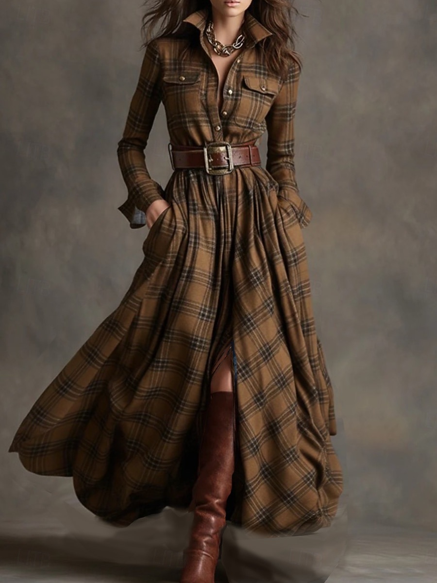 Dam Maxiklänning Skiftklänning Semester Ledigt Boho Dagligen Normal Rutig Långärmad Kavajslag Blå Mörkgul Mörkgrön Svart Vår Höst Vinter 2025 - $39.99 –P4