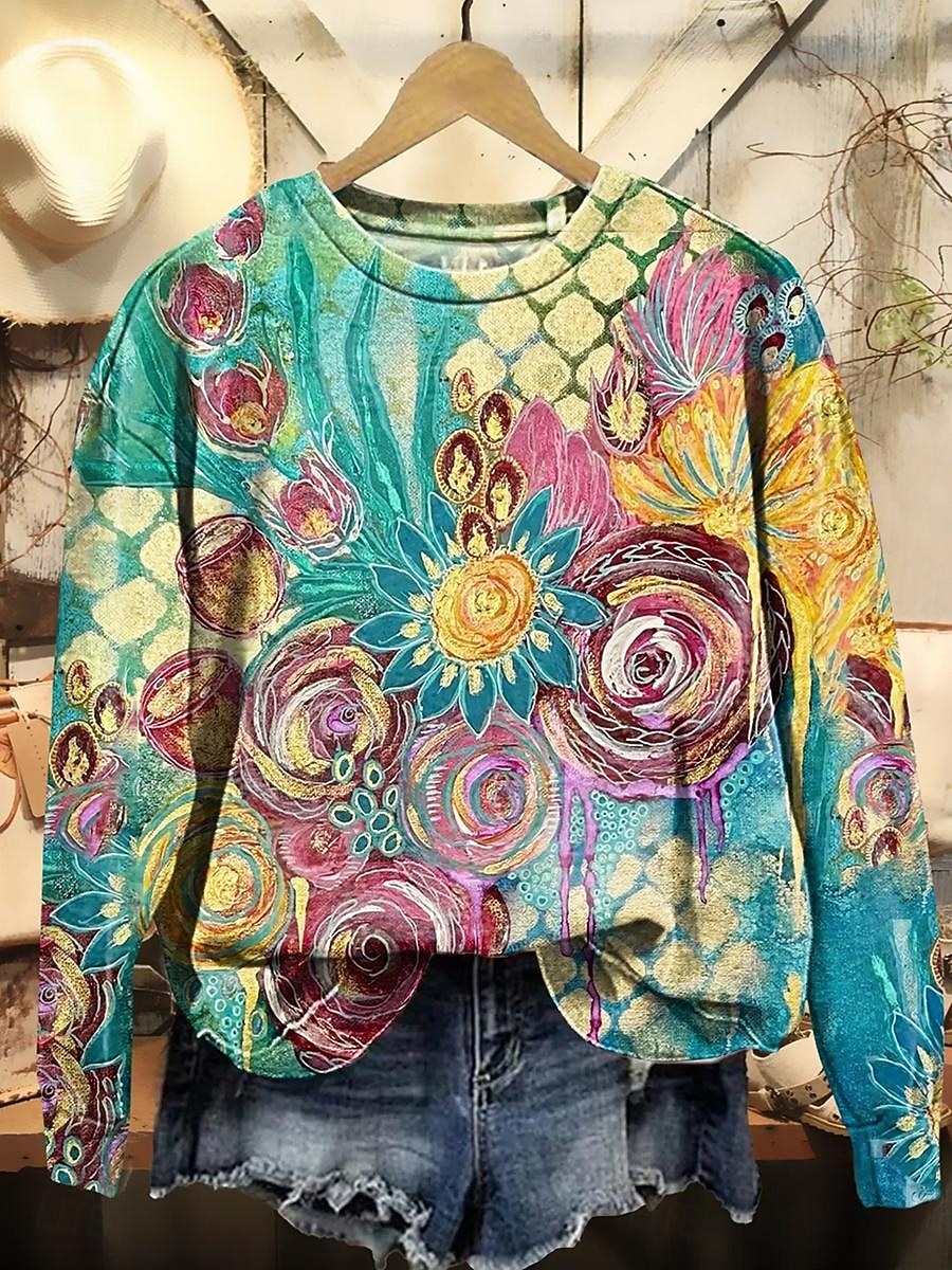 Damen Pullover Sweatshirt Patchwork Blumen Grafik Lässig Langarm Rundhalsausschnitt Normale Oberteile Lässig Straße Alltagskleidung Blau Gelb Herbst Winter 2026 - $28.99 –P1