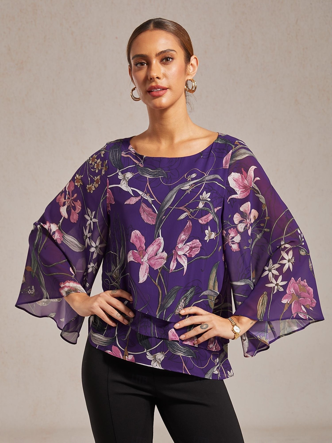 camicetta da donna in chiffon trasparente viola scuro con stampa floreale, mezza manica, orlo a strati, scollo rotondo, pullover del 2025 a $61.99 –P6