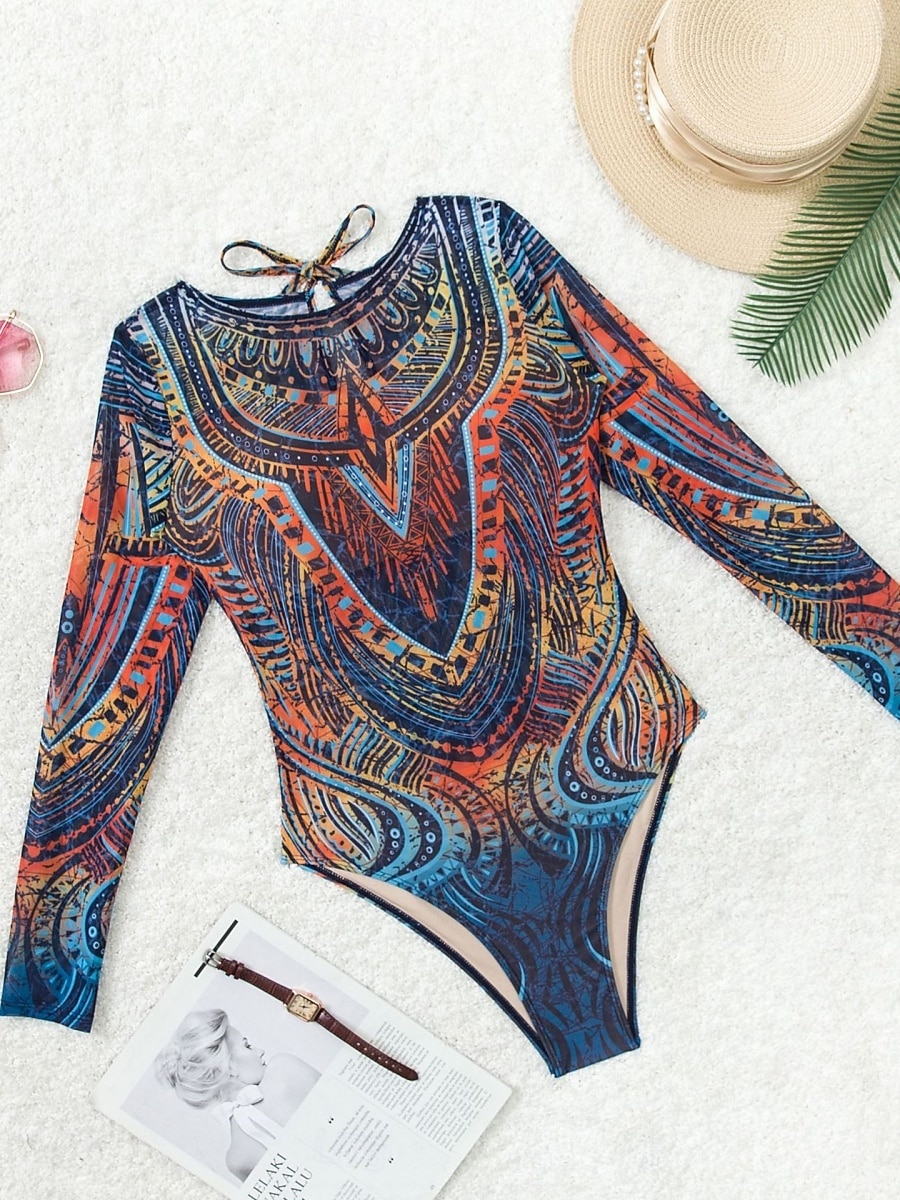 Dámský jednodelný plavkový úbor zeštíhlující sexy výřez Boho monokiny kontrola břicha vysoký pas štíhlé bez zad dovolená módní grafický geometrický kulatý výstřih dlouhý rukáv bez rukávů 2026 - $33.99 –P4