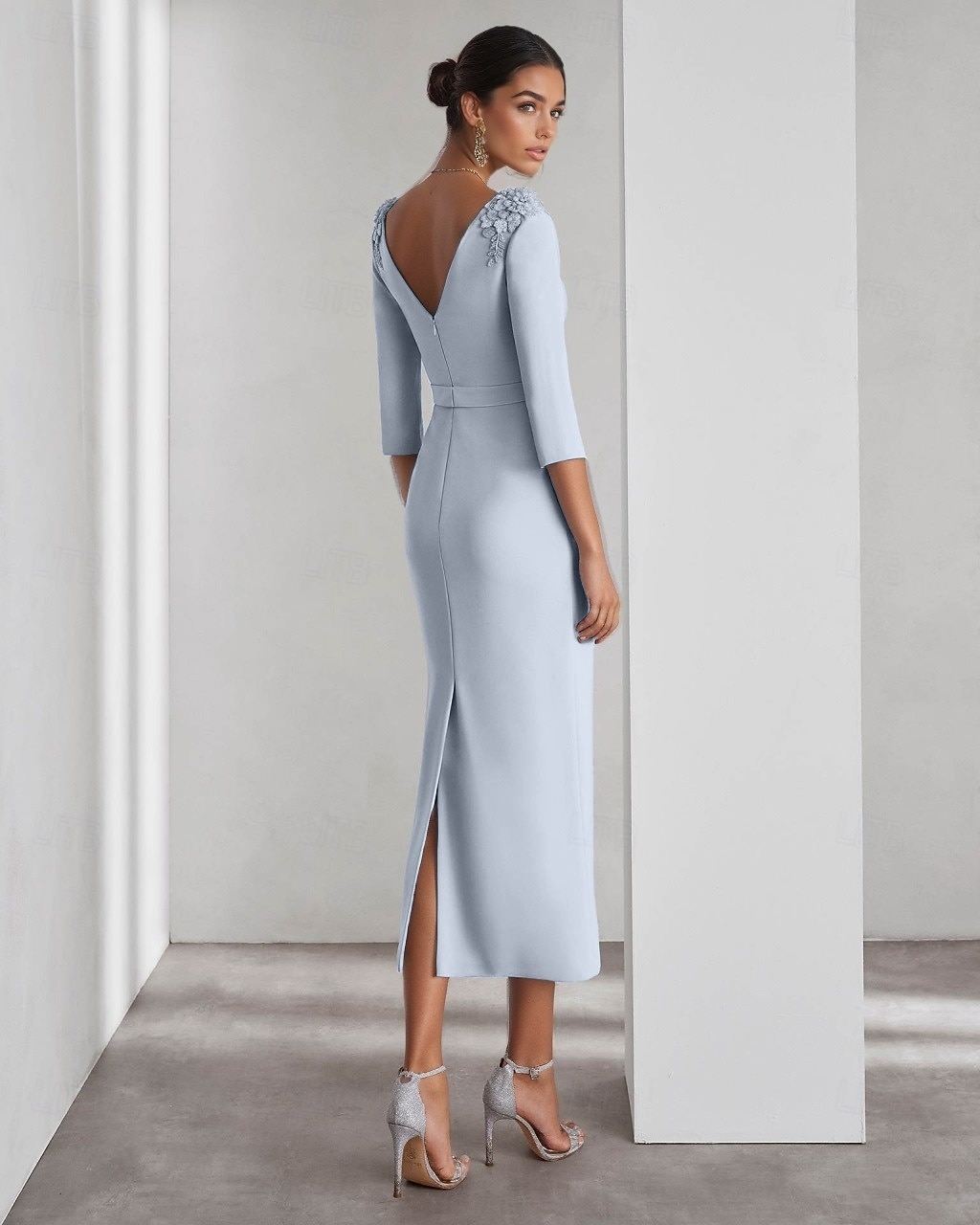 Åtsmitande Ankellång Festklänning Cocktail klänning Bröllopsgästklänning Klänning till brudens mor 3/4 ärm Rund hals Elegant Formell Stretch crepe med Applikationsbroderi Enfärgat 2026 - $153.99 –P3