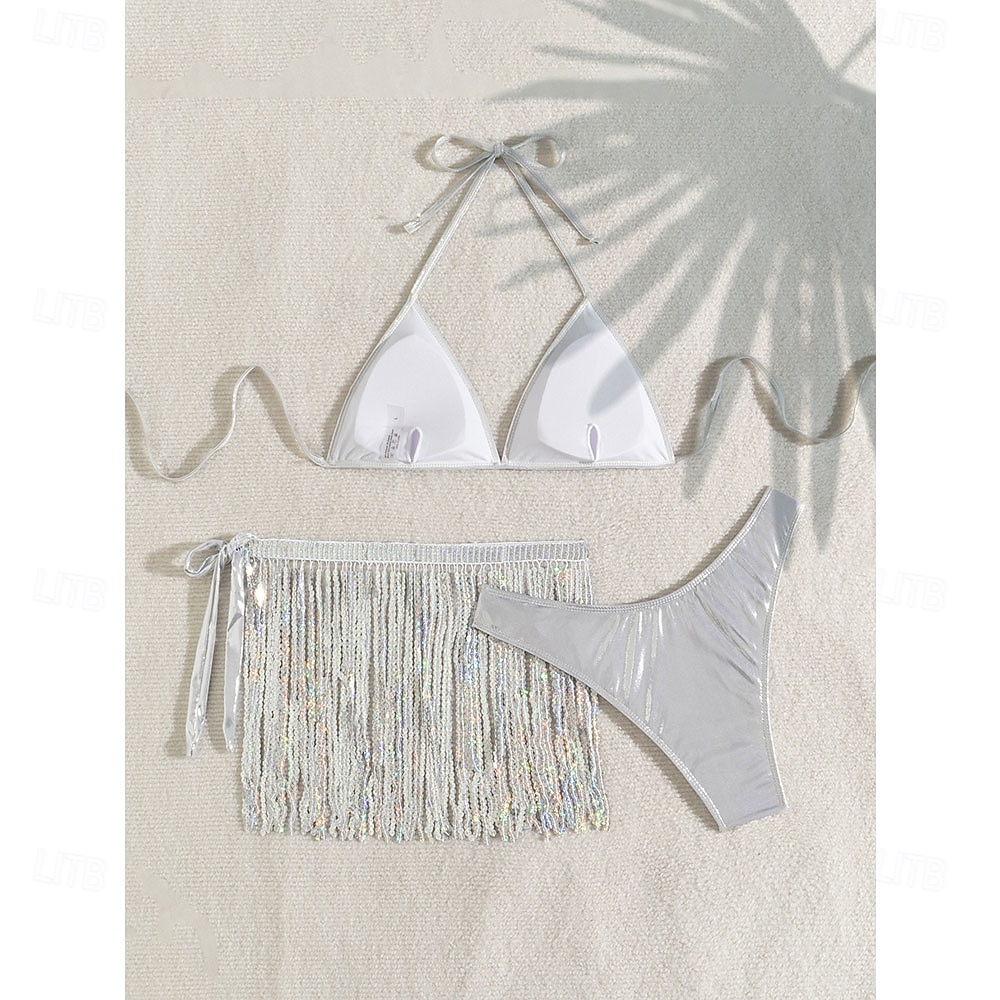 Samba Dancewear Outfit strălucitor din paiete argintii pentru femei - Set cu top halter bralette și fusta pentru petreceri rave - Costum de performanță 2026 - $34.99 –P8