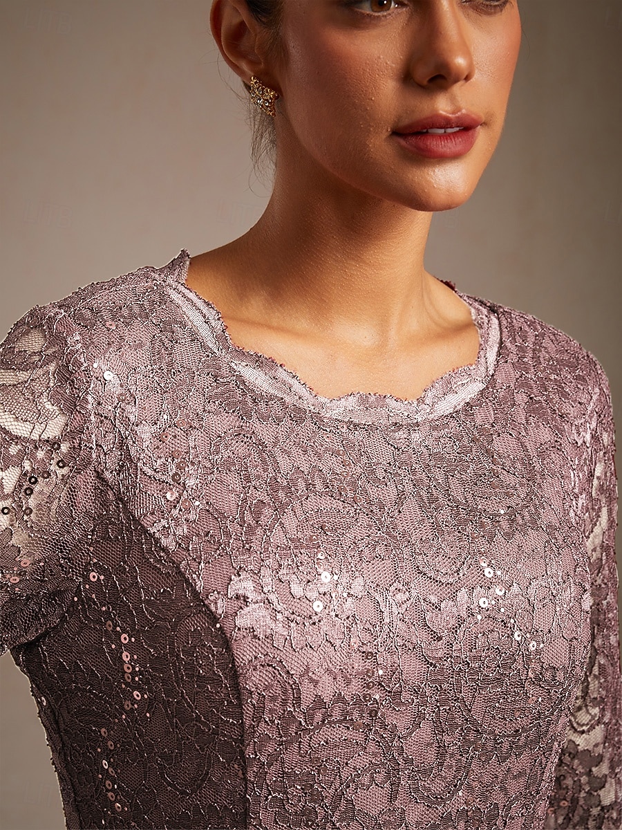 Női Midi ruha Sifon ruhák Elegáns Estély Esküvői vendég Flitter Csipke Normál Tömör szín Háromnegyedes Terített nyak Arcpír rózsaszín 2026 - $135.99 –P3