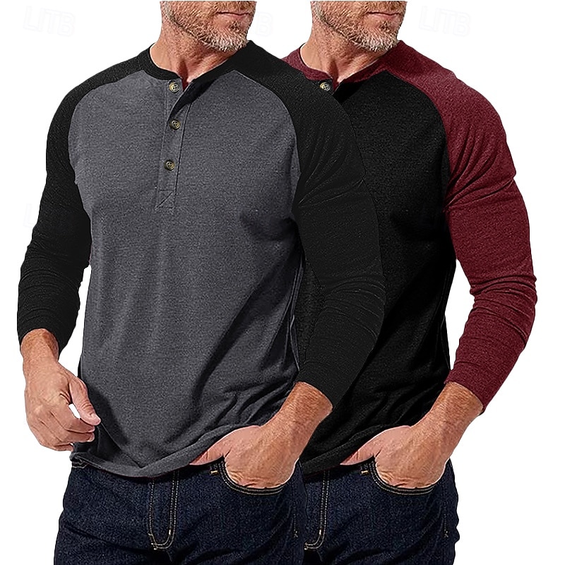 2-teiliges Henley-Shirt für Herren, Baseball-T-Shirt, Kurzarm, Farbblock-Design, Basic, Boho-Stil, Raglanärmel, für Outdoor, Freizeit, Alltag, Sommer, Herbst, alle Jahreszeiten, schwarzes 2026 - $40.99 –P5
