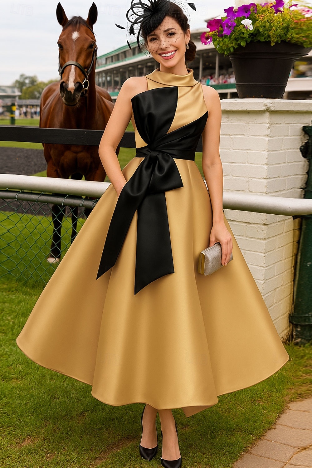 Linia -A Lungime Gleznă Rochie Derby Rochie Mama Miresei Fără manșon Stil Nautic Gât Înalt Elegant Kentucky Derby Satin cu Arc Bloc Culoare 2026 - $142.99 –P1