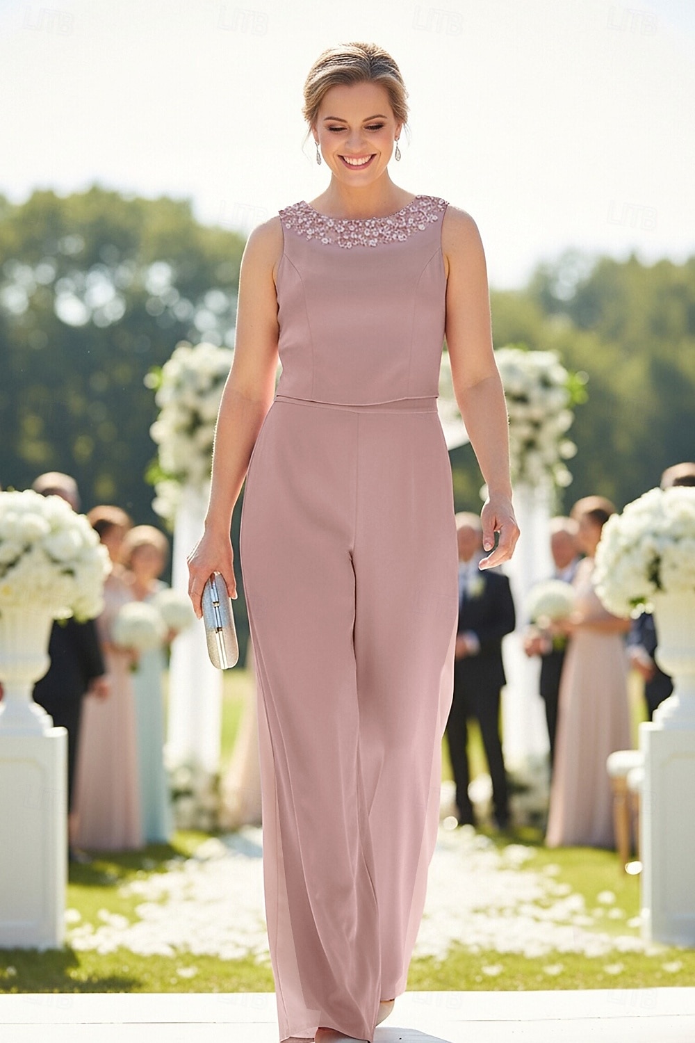 3 Piece Pantsuit Floor Length Mother of the Bride Dress Sleeveless Long Sleeve Crew Neck Elegant Formal Wedding Guest Chiffon Satin with Pleats Beading 2026 - $195.99 –P3