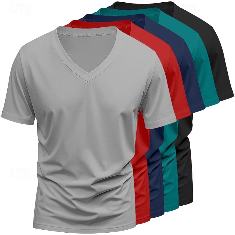 5-częściowy męski T-shirt z krótkim rękawem, dekolt w serek, letni, na każdą porę roku, jednolity kolor, prosty, codzienny, 5-częściowy zestaw, wakacyjny, casualowy, biały, top, męski 2026 - $59.99 –P11
