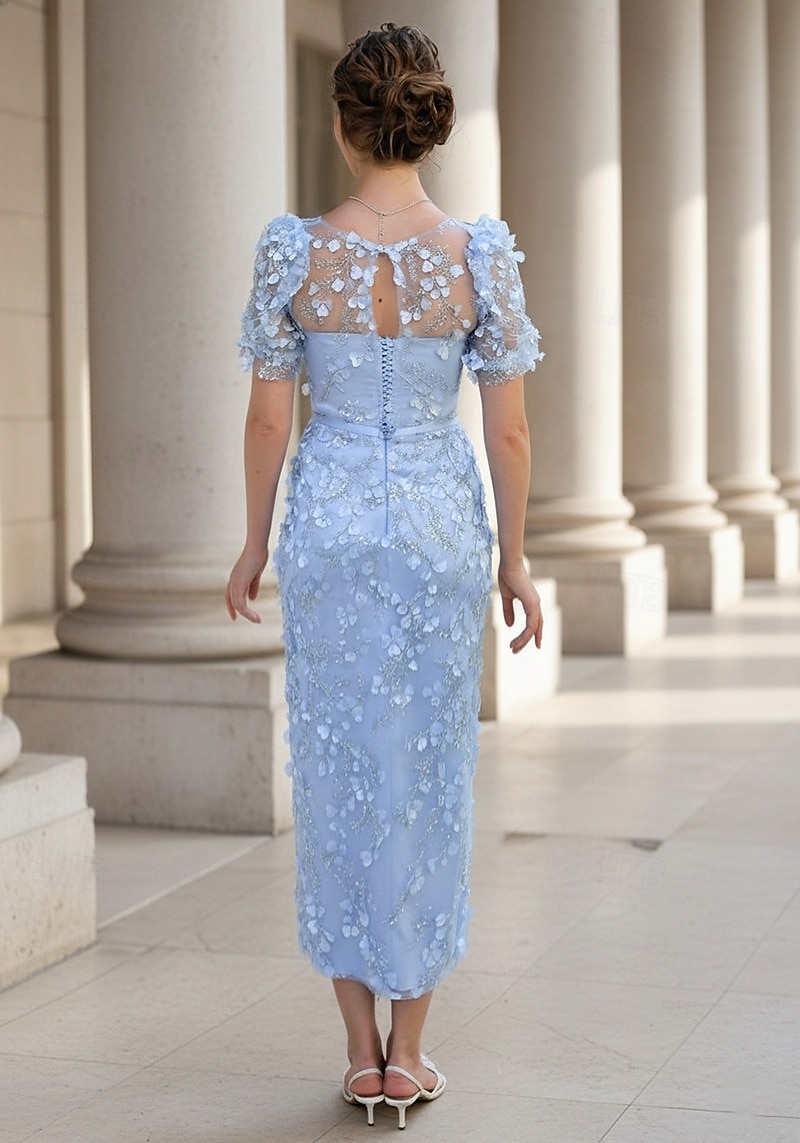 Sheath / Column Tea Length Cocktail Dresses Evening Gown Party Dresses Elegant Glittering Celebrity Style Short Sleeve Crew Neck Formal Wedding Lace with Beading Appliques 2025 - $169.99 –P3