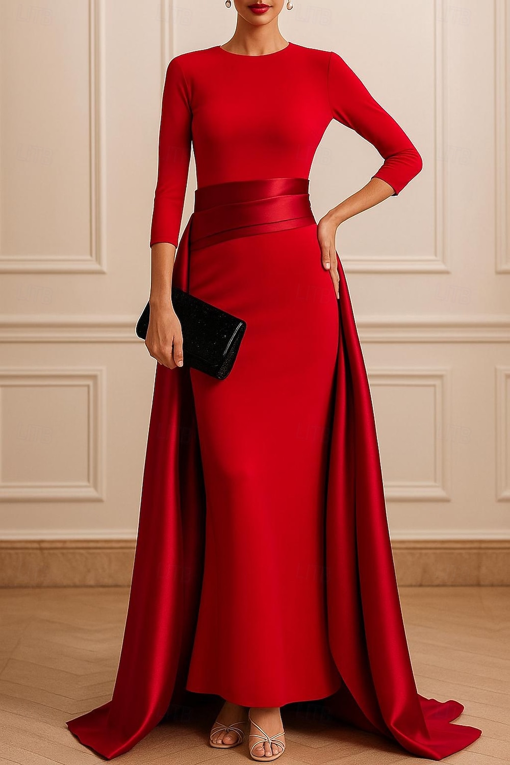 Футляр В пол Вечернее платье Бальное платье с верхней юбкой Элегантный стиль Высокий раскол Рукав 3/4 Вырез под горло Свадьба Официальные Стретч-креп с Плиссировка 2026 - $131.99 –P1