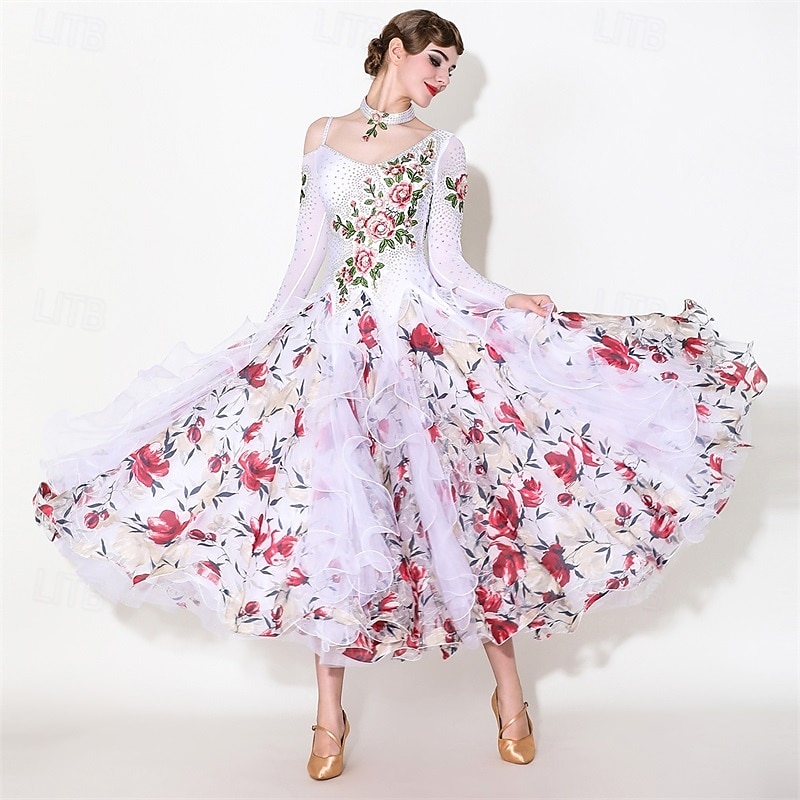 Vestido feminino para competição de dança de salão latina - estampa floral romântica &vestido de dança moderna com saia de babados de 2026 por $378.29 –P1
