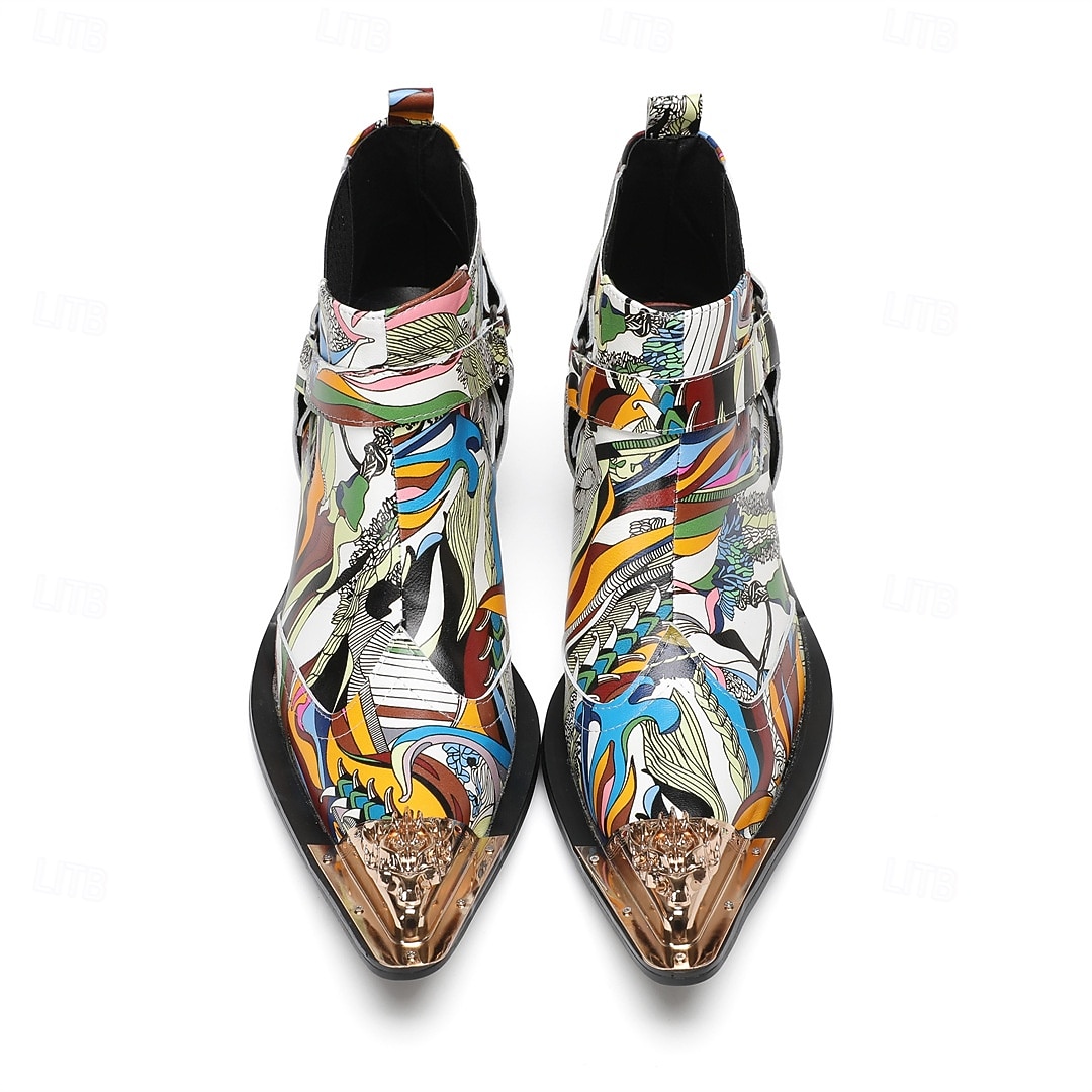 Miesten värikkäät ja taiteelliset aidosta nahasta valmistetut nilkkurit - monivärinen muotoilu vetoketjulla ja kiiltävillä metallisilla yksityiskohdilla, ihanteellinen muodikkaaseen vapaa-ajan käyttöön ja erityistilaisuuksiin 2025 - $139.99 –P5