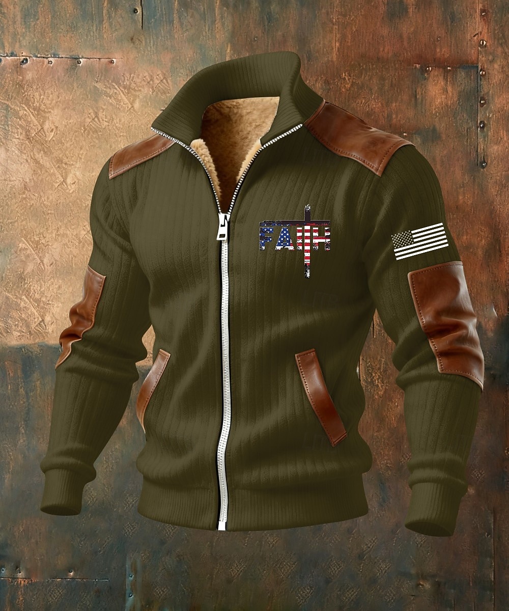 Homens Full Zip Hoodie Casaco de lã Moletom de lã Preto Branco Verde Tropa Azul Marinha Marron Colarinho Clerical Cruz Bandeira americana Fé Bolsos Detalhes em couro sintético Desportos e Ar livre de 2026 por $75.99 –P7