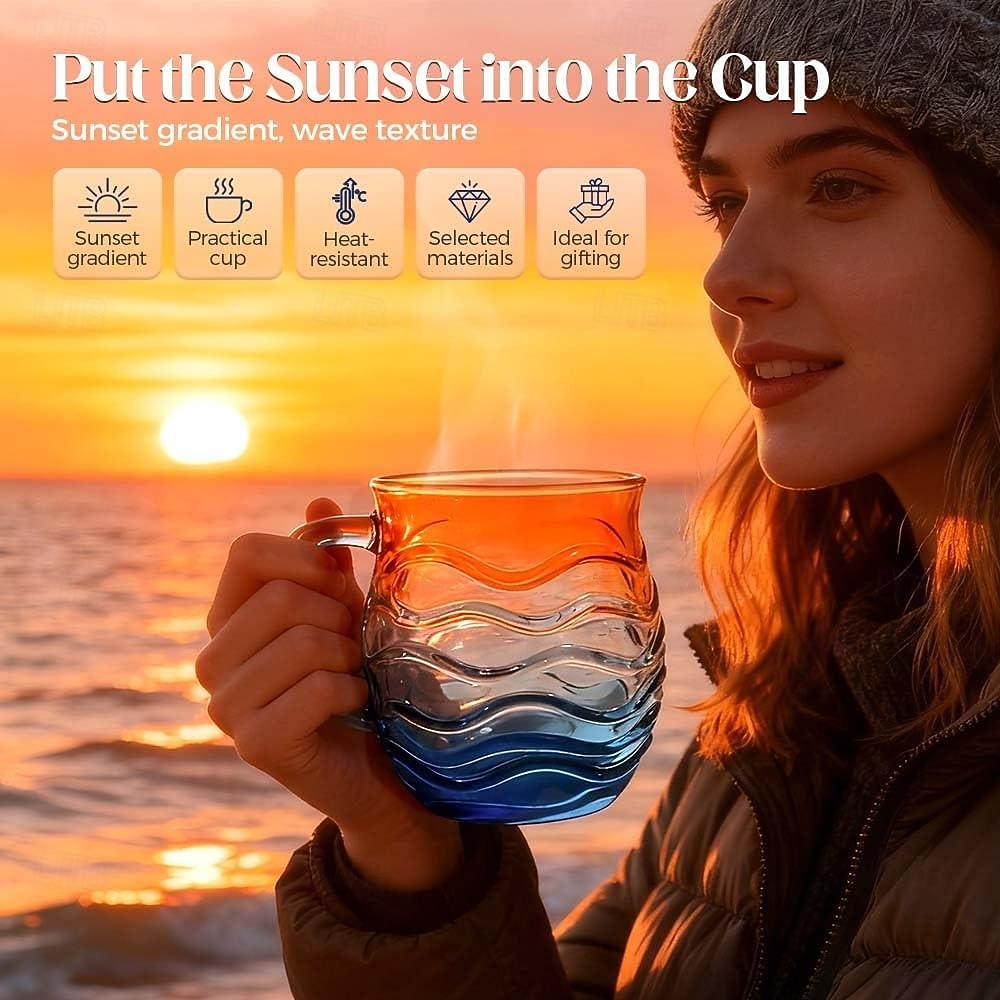 Zeeglas zonsondergang mok 12 oz, handgemaakte mok met oceaan golfpatroon en kustthema, uniek getextureerd artistiek drinkgerei voor koffie, thee en cadeau voor liefhebbers van oceaan, strand en surfen 2026 - $21.99 –P6