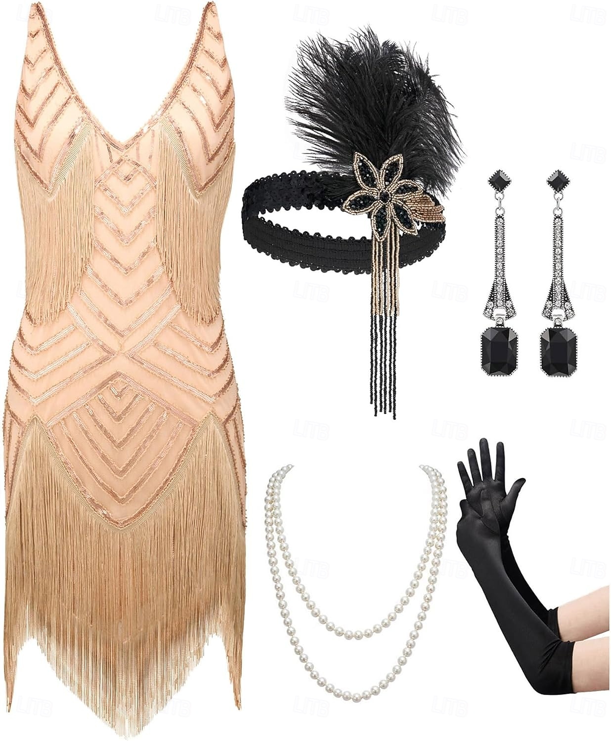 Set Anni Ruggenti Anni 1920 Mini Vestito Nozze Addio al celibato con accessori Senza maniche Il grande Gatsby Charleston Paillettes Frangia con nappe Piuma Scollo a V profondo Costume Per donna del 2026 a $76.99 –P2