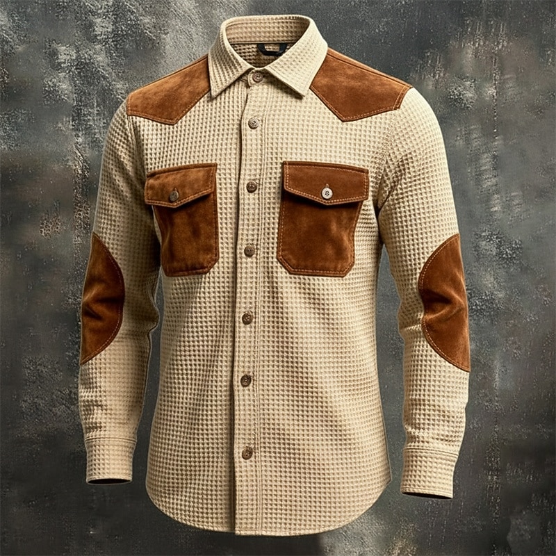 Per uomo Camicia Camicia a nido d'ape Camicia casual Camicia vintage Camicia con Bottoni Camicia cargo Nero Kaki Manica Lunga Blocco di colori Bavero All'aperto Casuale Patchwork Abbigliamento Moda del 2026 a $28.99 –P1