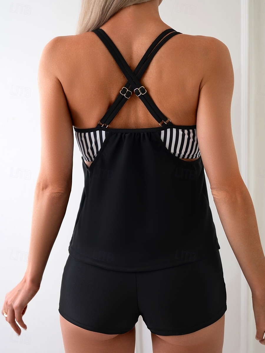 بدلة سباحة نسائية تانكيني قطعتين شورتات تحكم في البطن عالية الخصر نحيف بدون ظهر ملابس شاطئ إجازة مزينة بخطوط برقبة على شكل حرف U بدون أكمام 2026 - $33.99 –P3