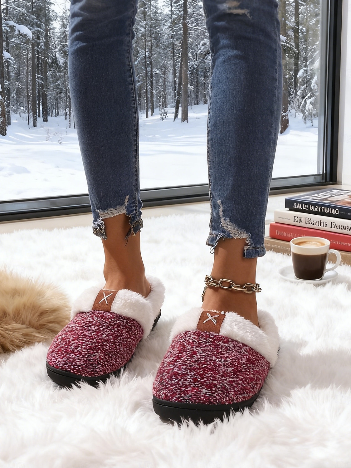 Pantuflas de invierno cálidas de punto para mujer: zapatos de interior con forro polar de felpa y parte trasera completa con suela antideslizante para el hogar y el dormitorio 2026 - $11.99 –P5